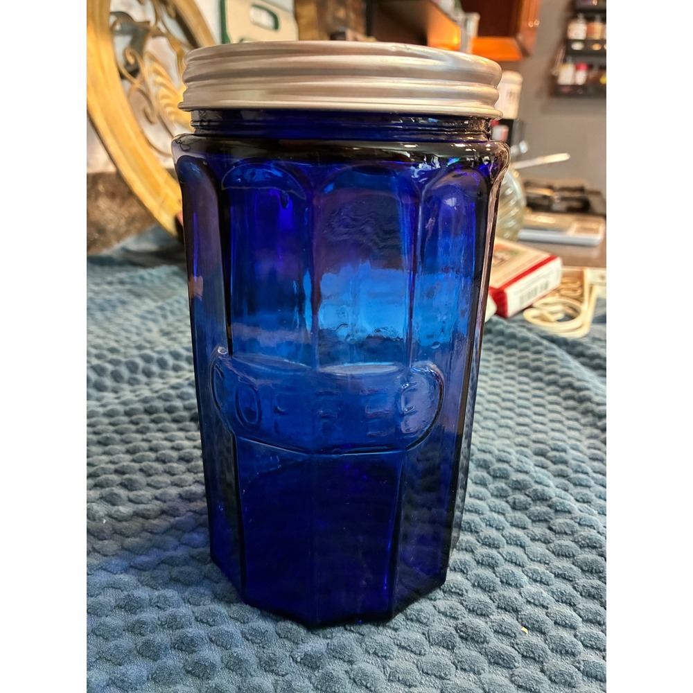 Blue Glass Coffee Canister Hexagon Jar with Silver Metal Lid 7.5"